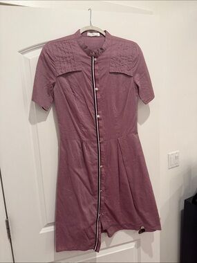 Short-Sleeve Mauve Button-Front Midi Dress